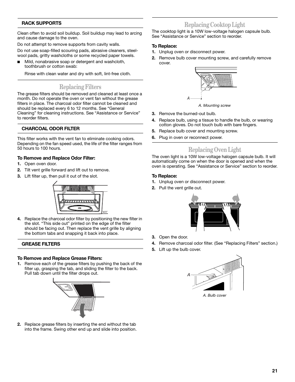 Replacing filters, Replacing cooktop light, Replacing oven light | Whirlpool GH6178XP User Manual | Page 21 / 24