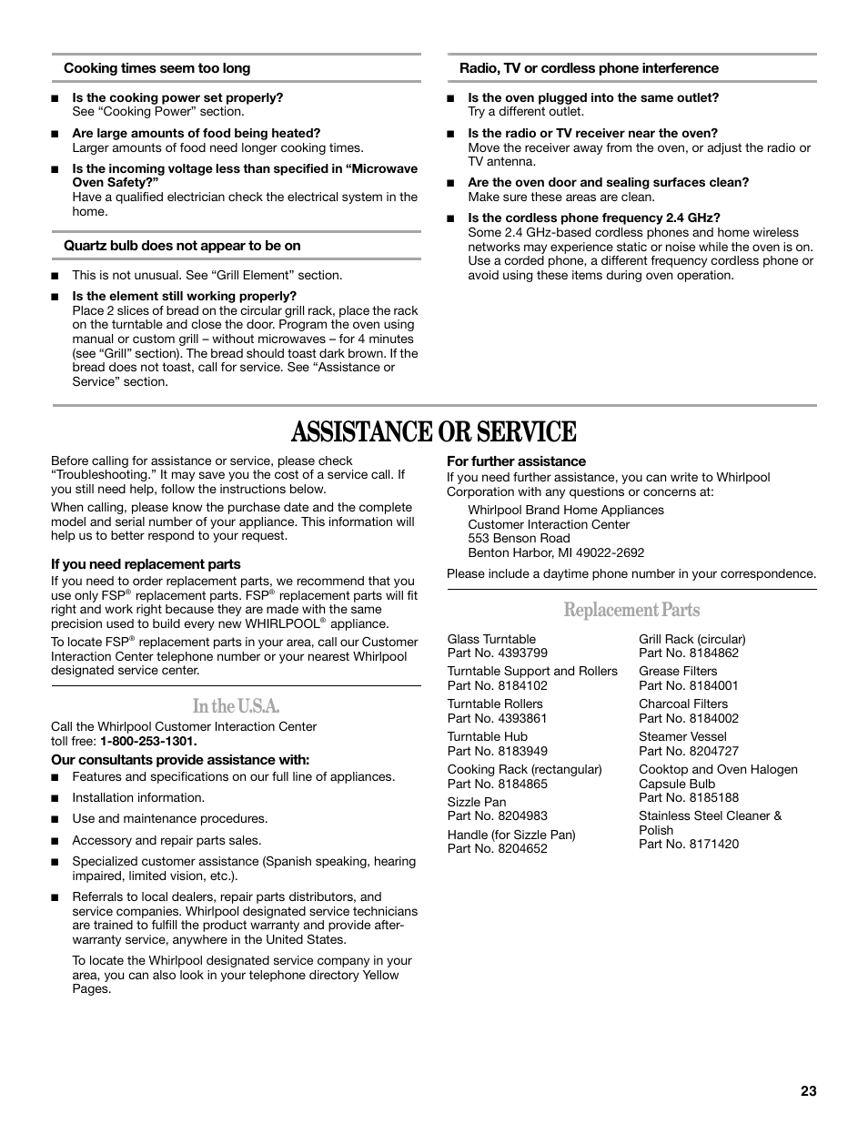 Assistance or service, Replacement parts | Whirlpool GH6178XP User Manual | Page 23 / 24