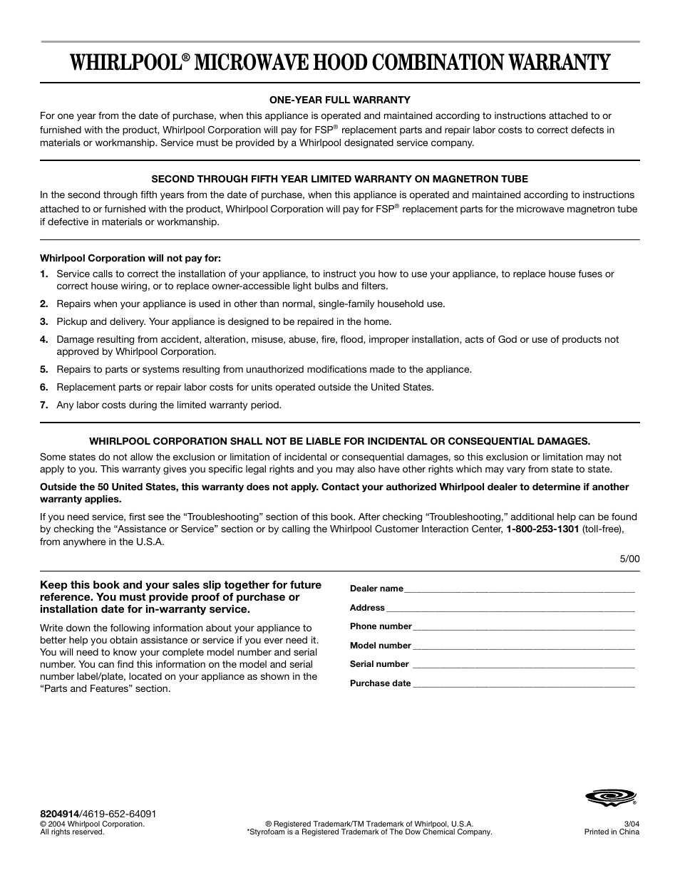 Whirlpool, Microwave hood combination warranty | Whirlpool GH6178XP User Manual | Page 24 / 24