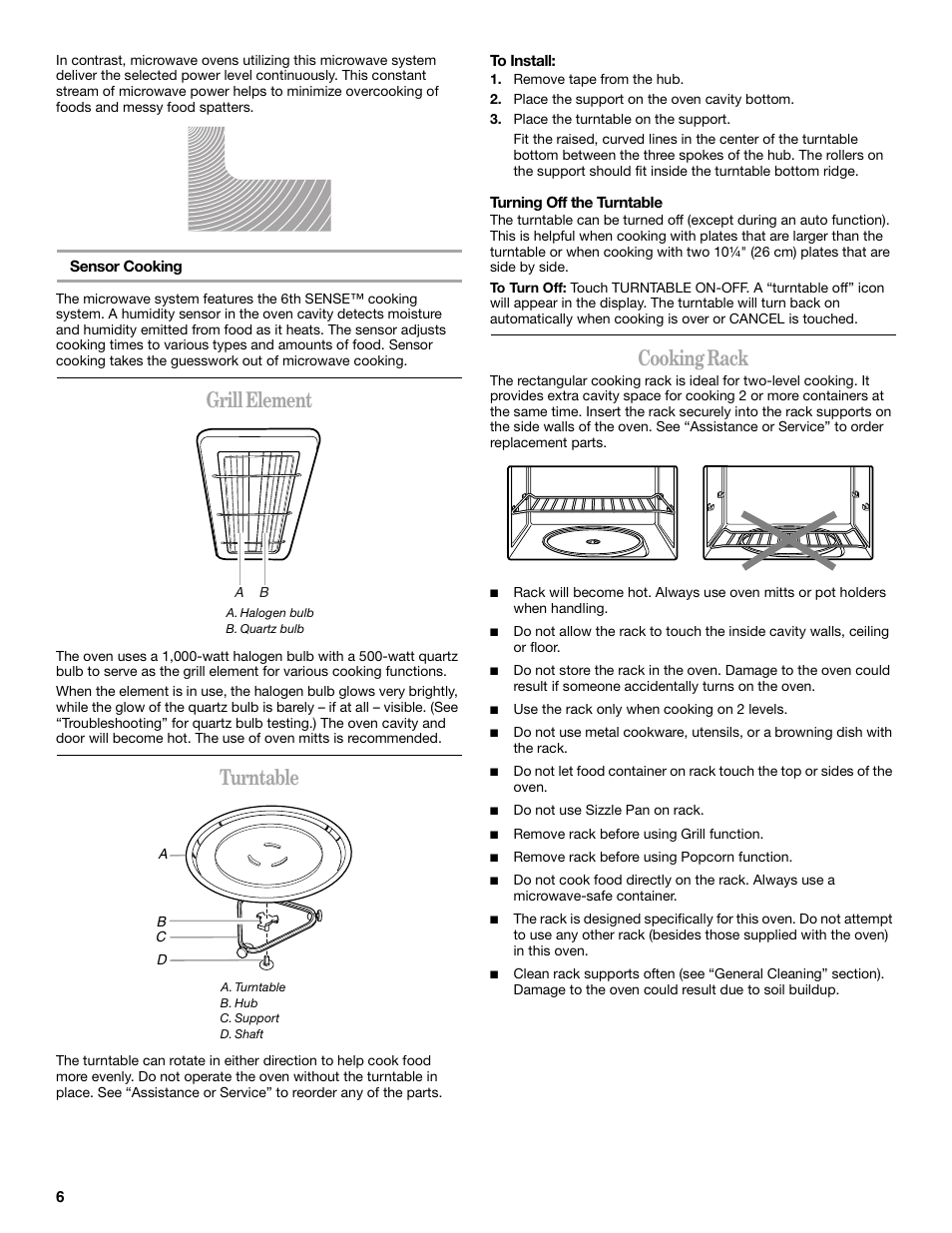 Grill element, Turntable, Cooking rack | Whirlpool GH6178XP User Manual | Page 6 / 24