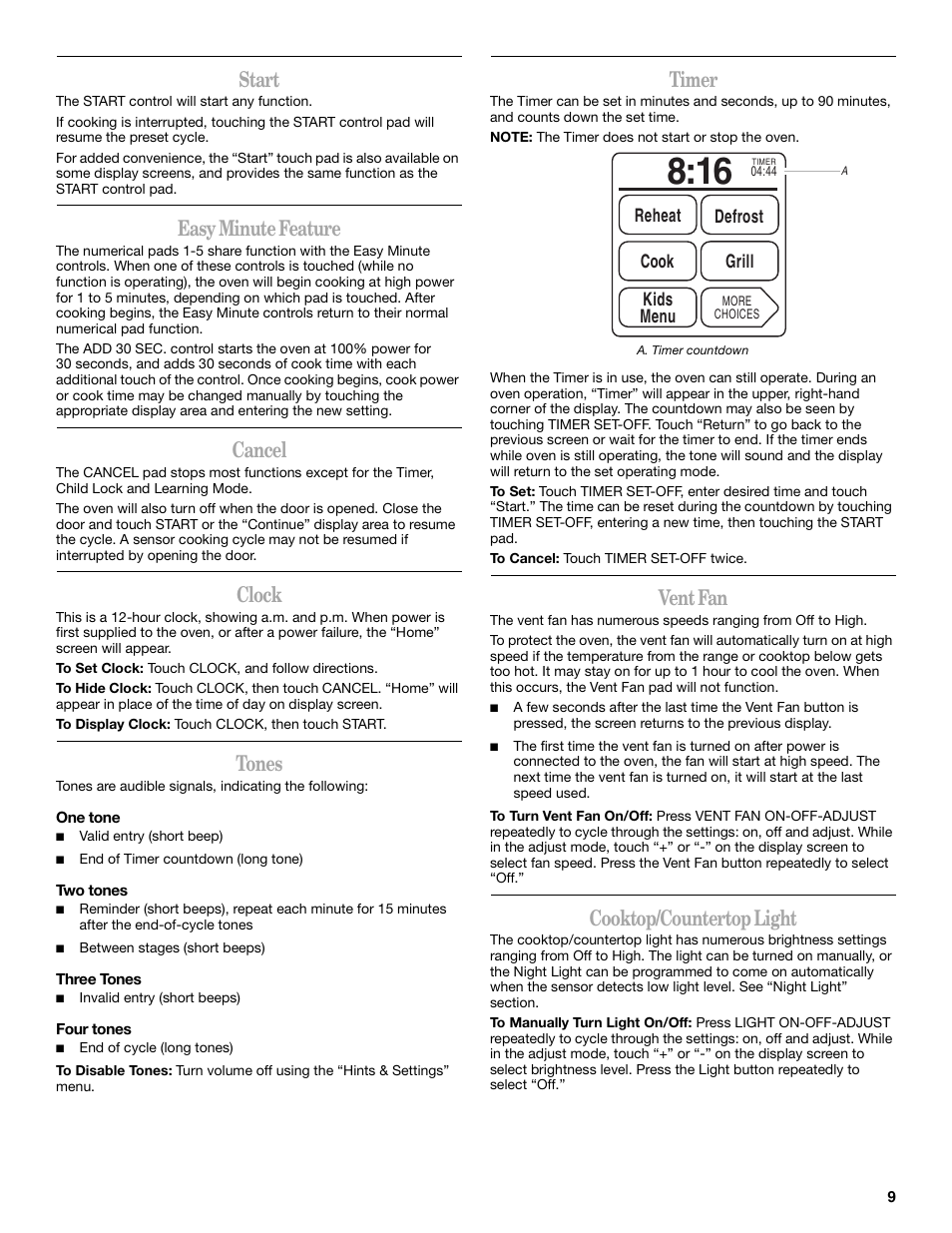 Start, Easy minute feature, Cancel | Clock, Tones, Timer, Vent fan, Cooktop/countertop light | Whirlpool GH6178XP User Manual | Page 9 / 24