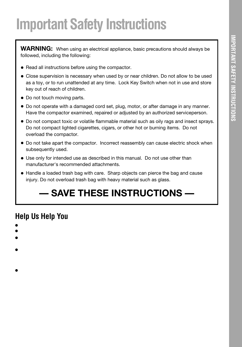 Important safety instructions, Help us help you, Save these instructions | Whirlpool 800 User Manual | Page 3 / 16