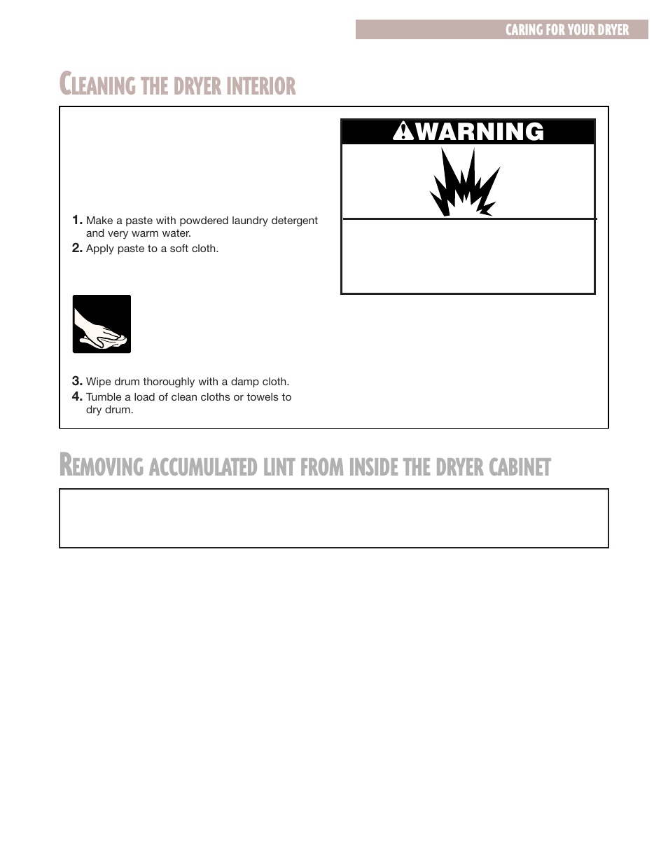 Leaning the dryer interior, Wwarning | Whirlpool 3LER5436EQ0 User Manual | Page 13 / 32