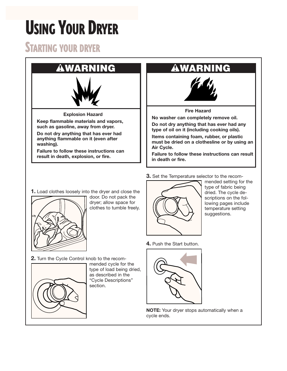 Using your dryer, Sing, Ryer | Tarting your dryer | Whirlpool 3LER5436EQ0 User Manual | Page 8 / 32