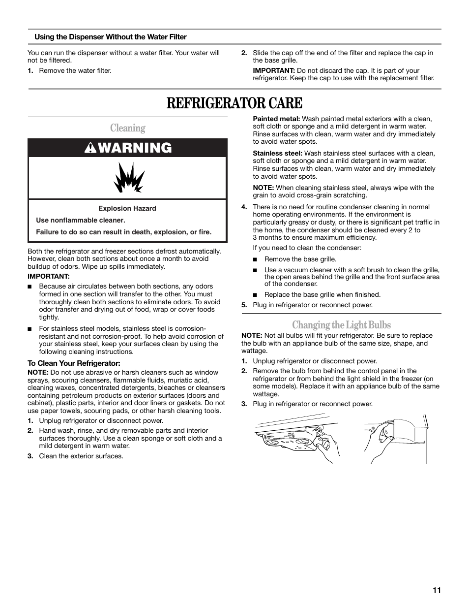 Refrigerator care, Warning, Cleaning | Changing the light bulbs | Whirlpool WF-L200V User Manual | Page 11 / 54