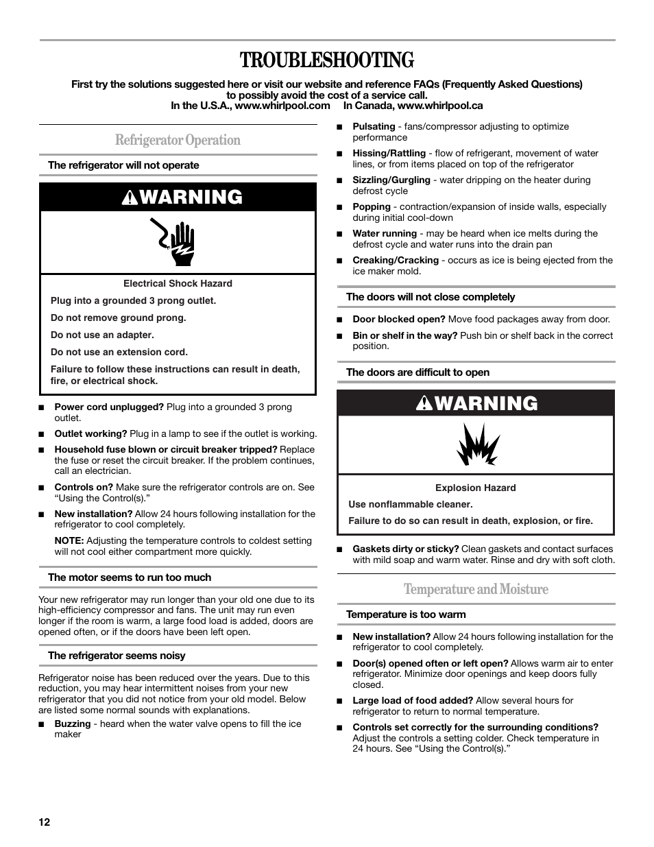 Troubleshooting, Warning, Refrigerator operation | Temperature and moisture | Whirlpool WF-L200V User Manual | Page 12 / 54