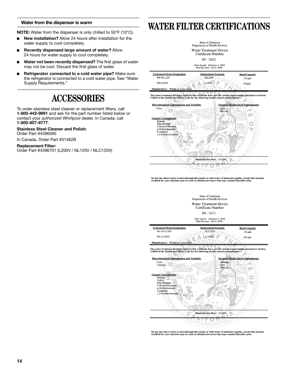 Accessories, Water filter certifications | Whirlpool WF-L200V User Manual | Page 14 / 54