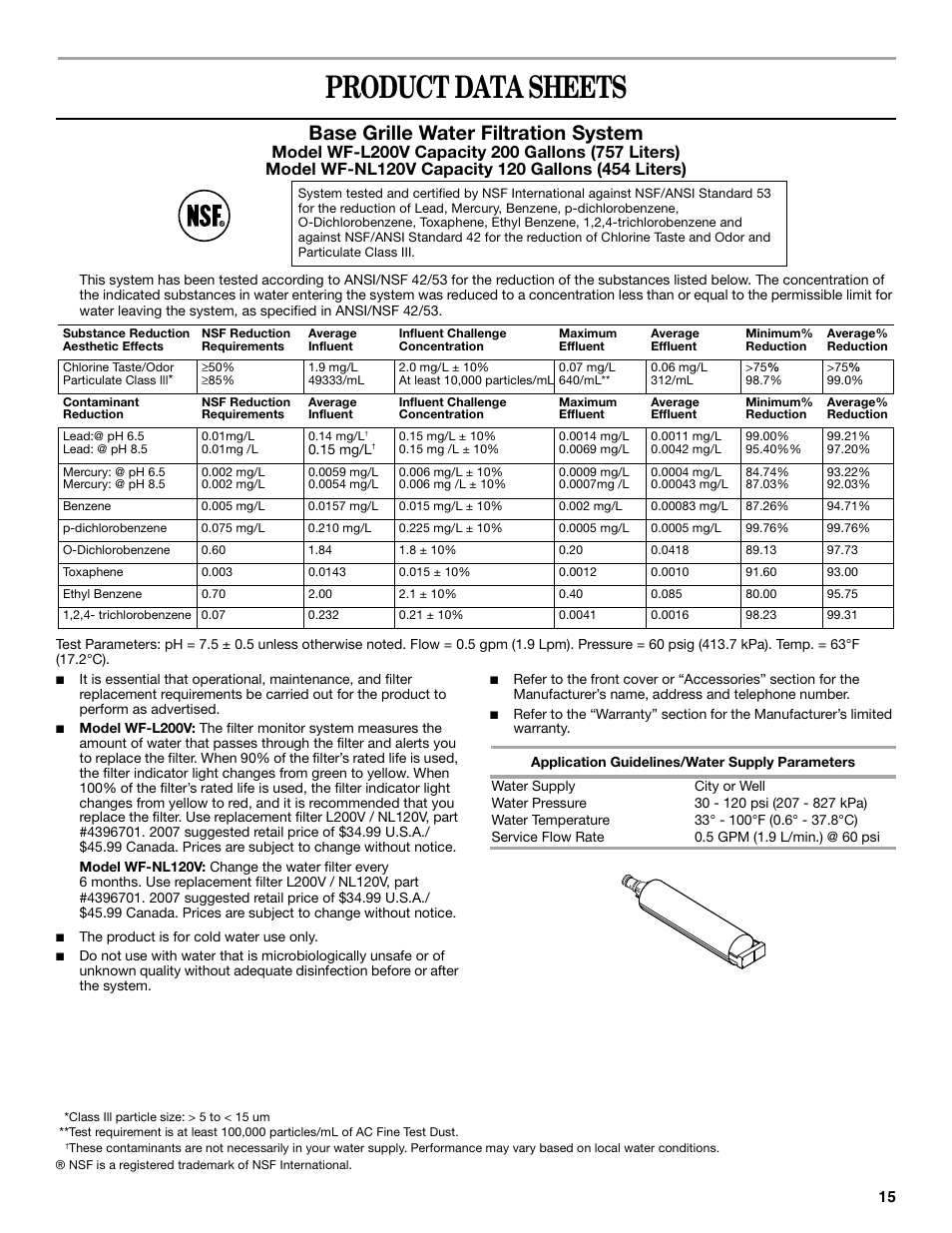 Product data sheets, Base grille water filtration system | Whirlpool WF-L200V User Manual | Page 15 / 54