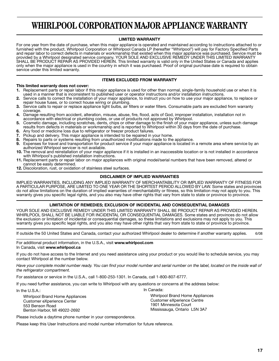 Whirlpool corporation major appliance warranty | Whirlpool WF-L200V User Manual | Page 17 / 54