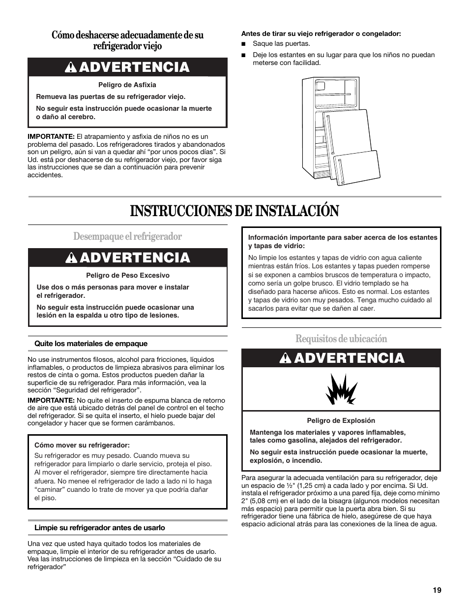 Instrucciones de instalación, Advertencia, Desempaque el refrigerador | Requisitos de ubicación | Whirlpool WF-L200V User Manual | Page 19 / 54