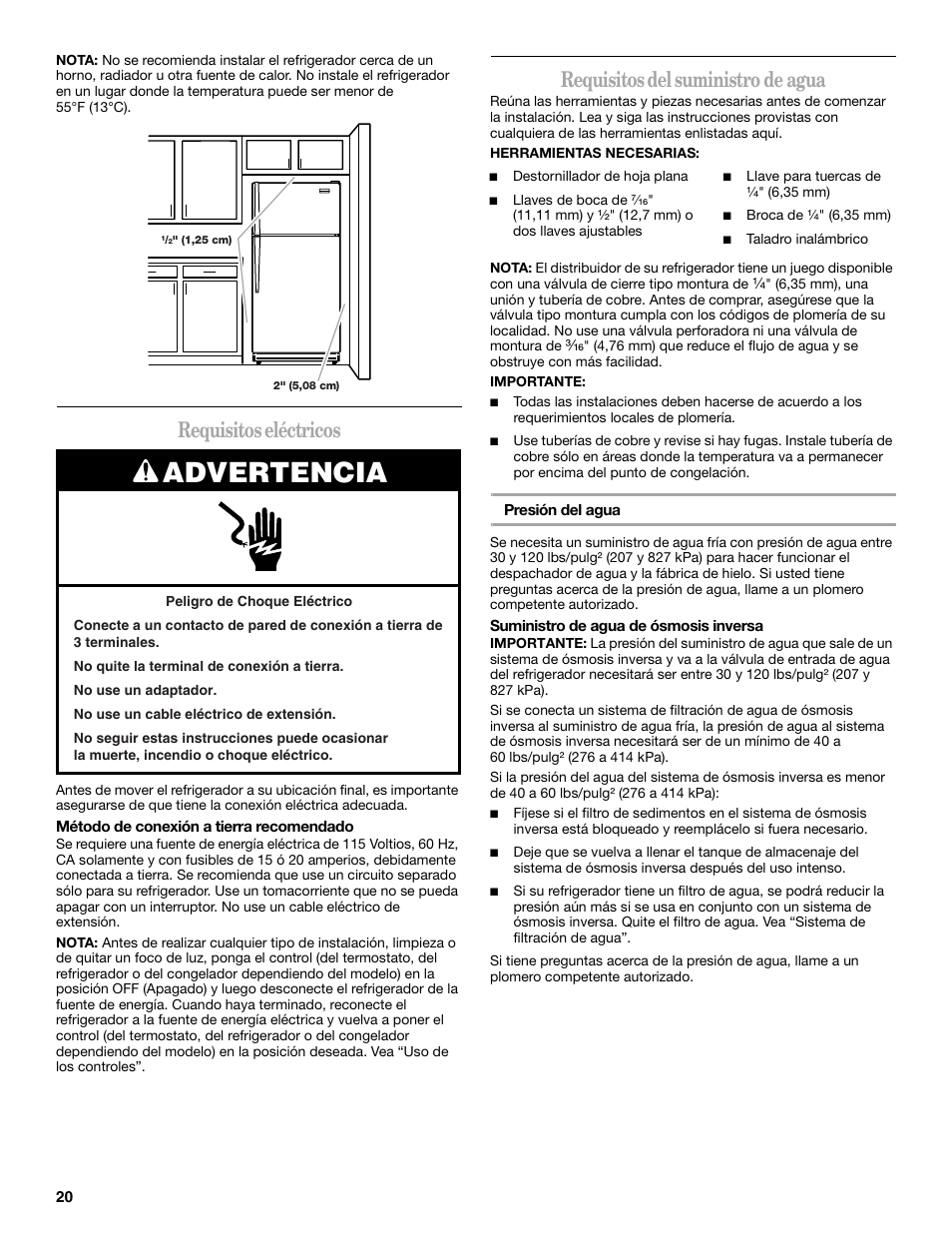 Advertencia, Requisitos eléctricos, Requisitos del suministro de agua | Whirlpool WF-L200V User Manual | Page 20 / 54