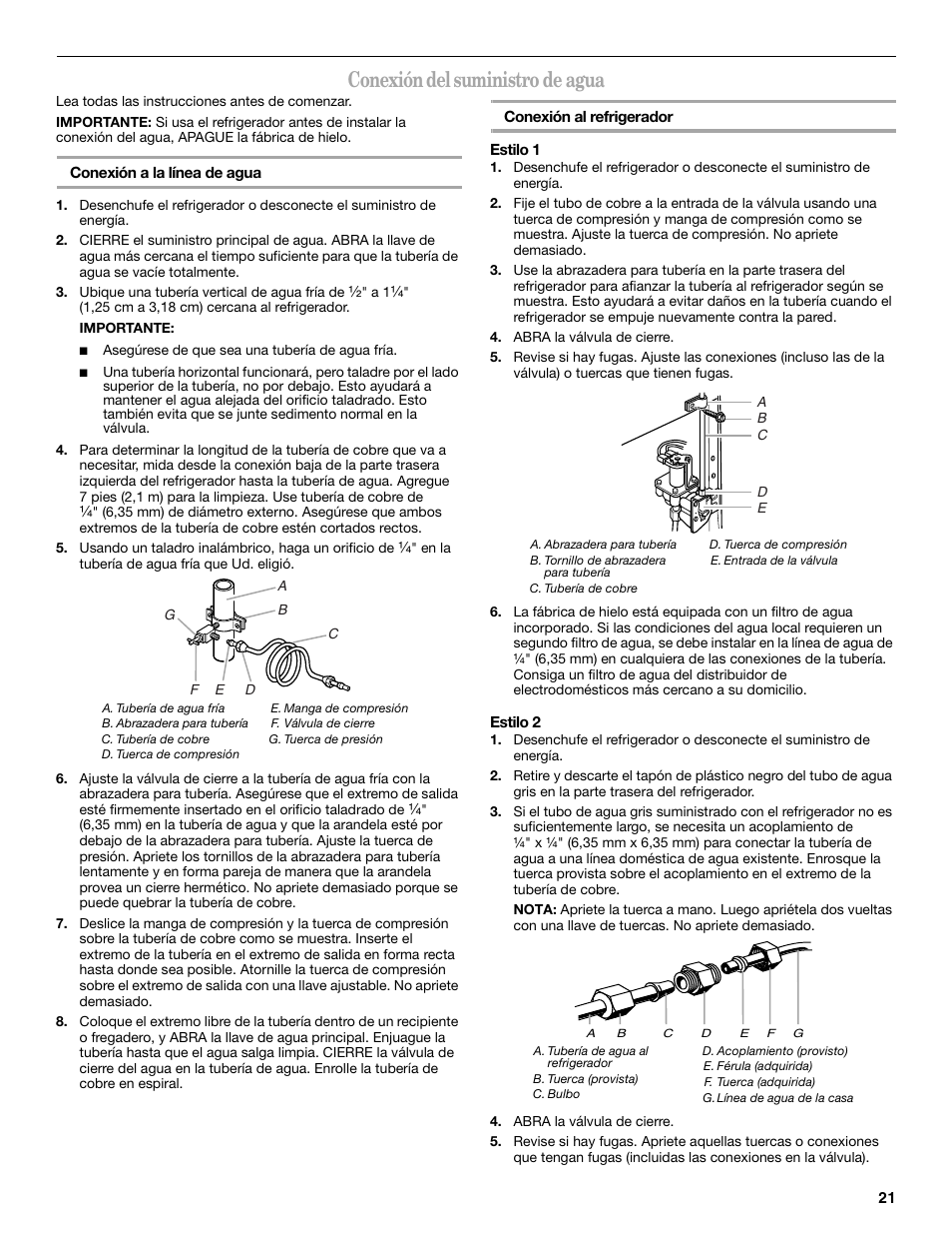 Conexión del suministro de agua | Whirlpool WF-L200V User Manual | Page 21 / 54