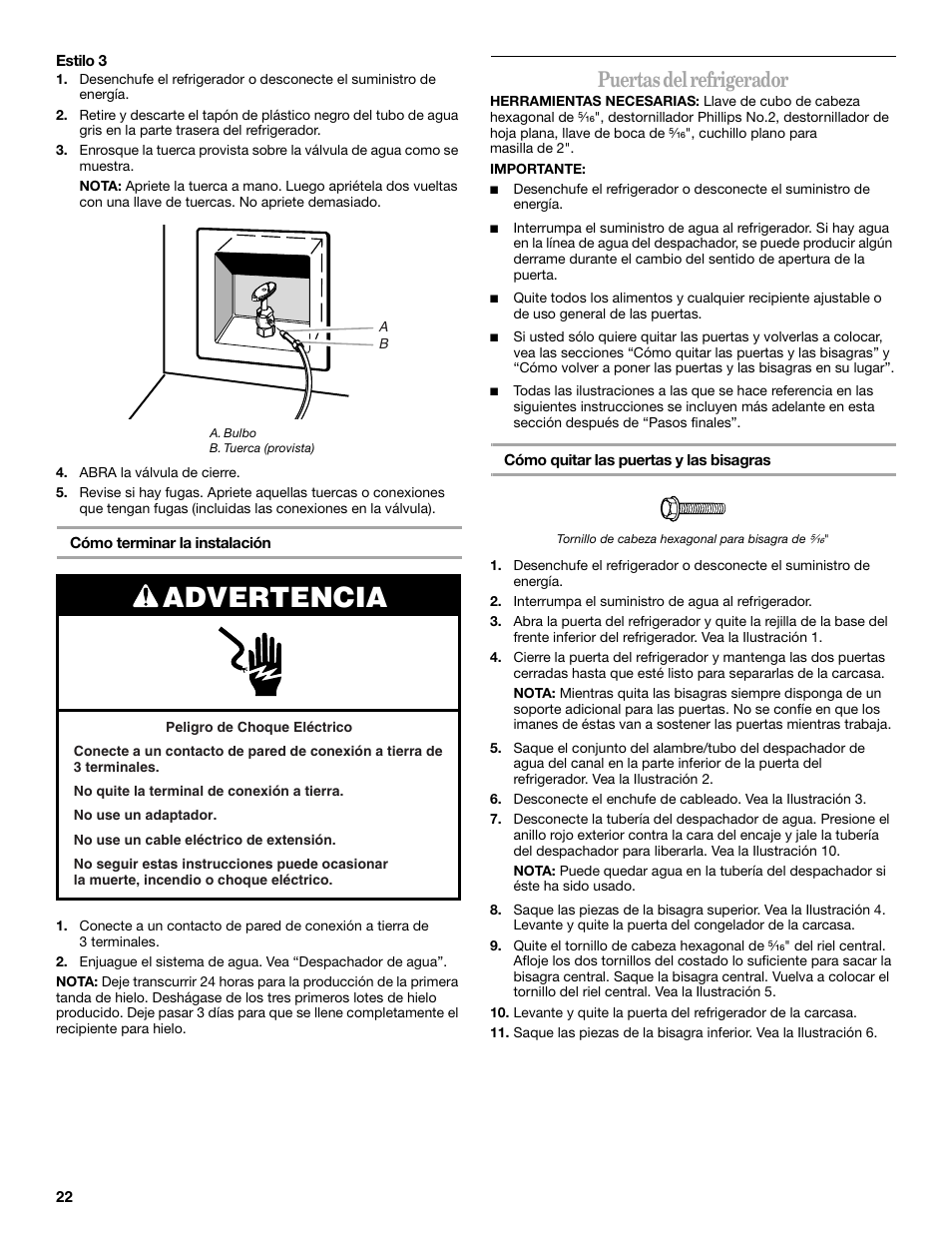 Advertencia, Puertas del refrigerador | Whirlpool WF-L200V User Manual | Page 22 / 54