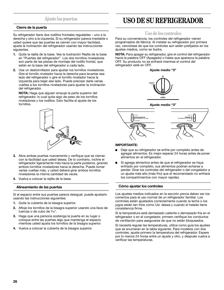 Uso de su refrigerador, Ajuste las puertas, Uso de los controles | Whirlpool WF-L200V User Manual | Page 26 / 54