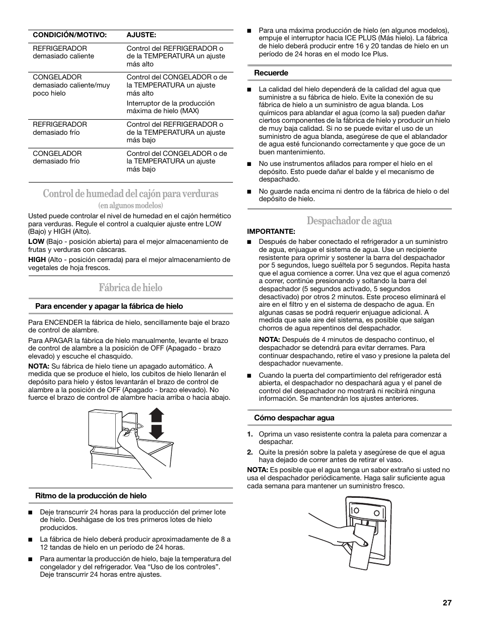 Control de humedad del cajón para verduras, Fábrica de hielo, Despachador de agua | Whirlpool WF-L200V User Manual | Page 27 / 54