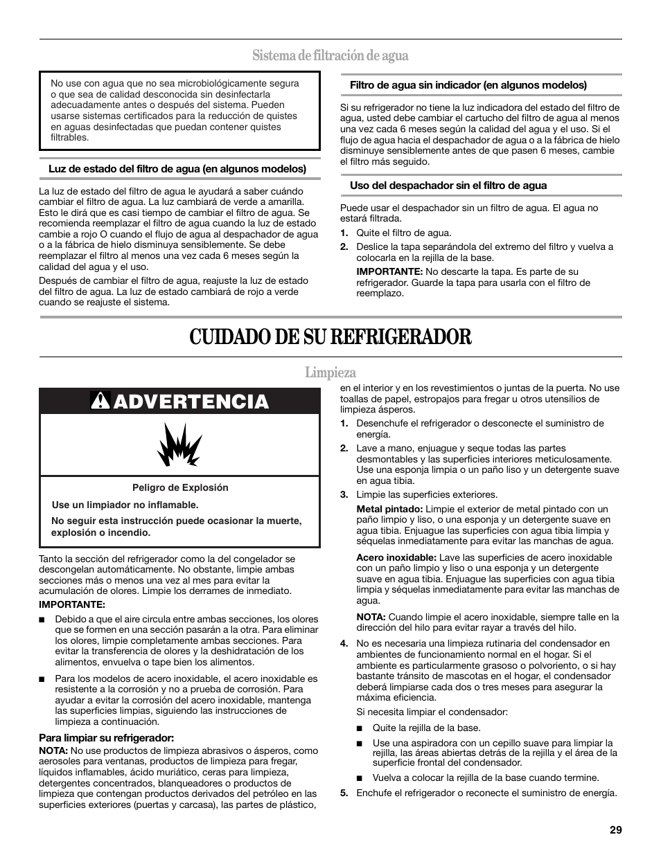 Cuidado de su refrigerador, Advertencia, Sistema de filtración de agua | Limpieza | Whirlpool WF-L200V User Manual | Page 29 / 54