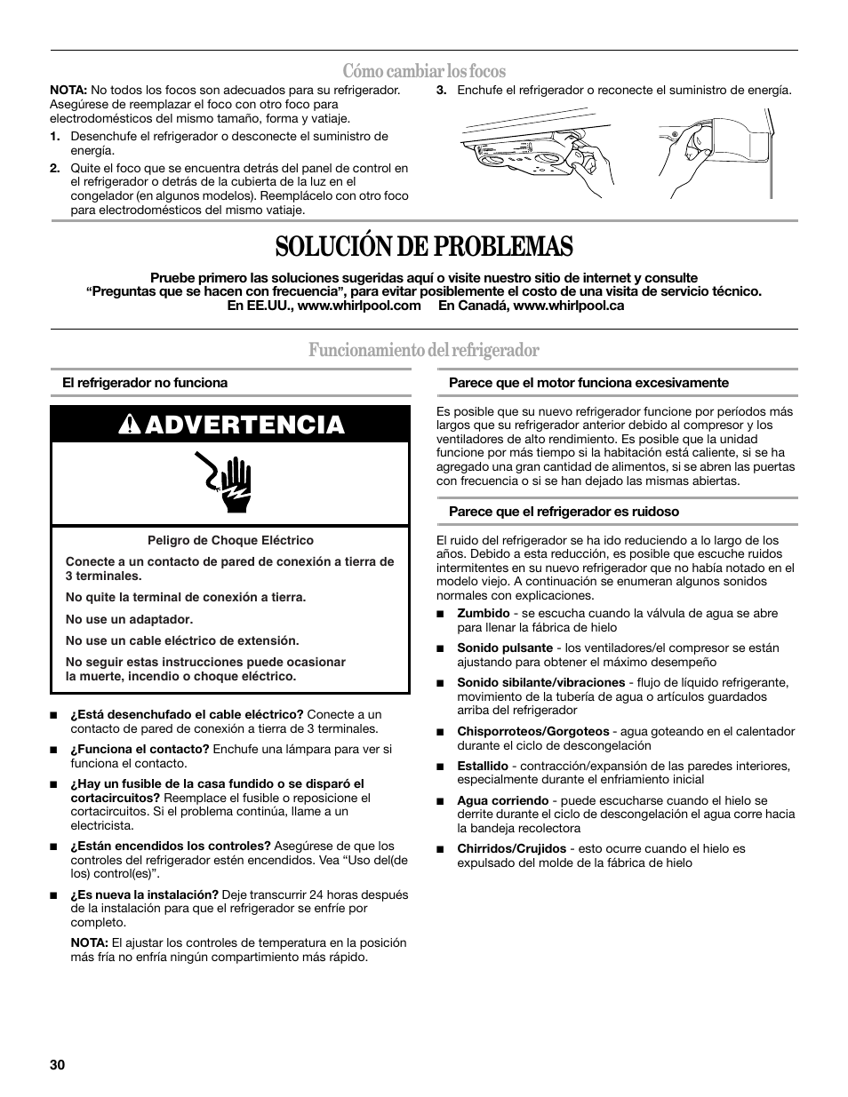Solución de problemas, Advertencia, Cómo cambiar los focos | Funcionamiento del refrigerador | Whirlpool WF-L200V User Manual | Page 30 / 54