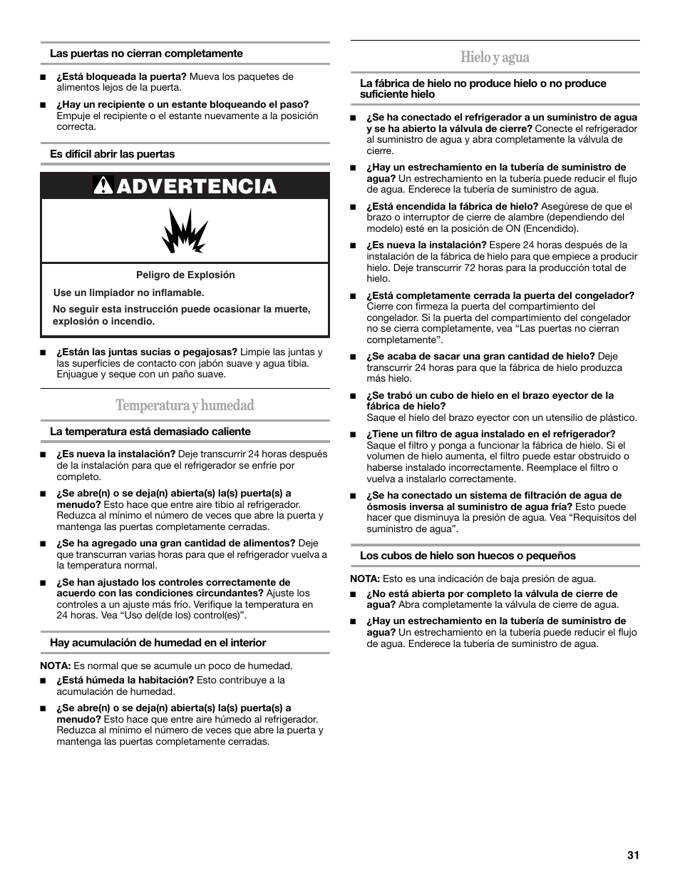 Advertencia, Temperatura y humedad, Hielo y agua | Whirlpool WF-L200V User Manual | Page 31 / 54