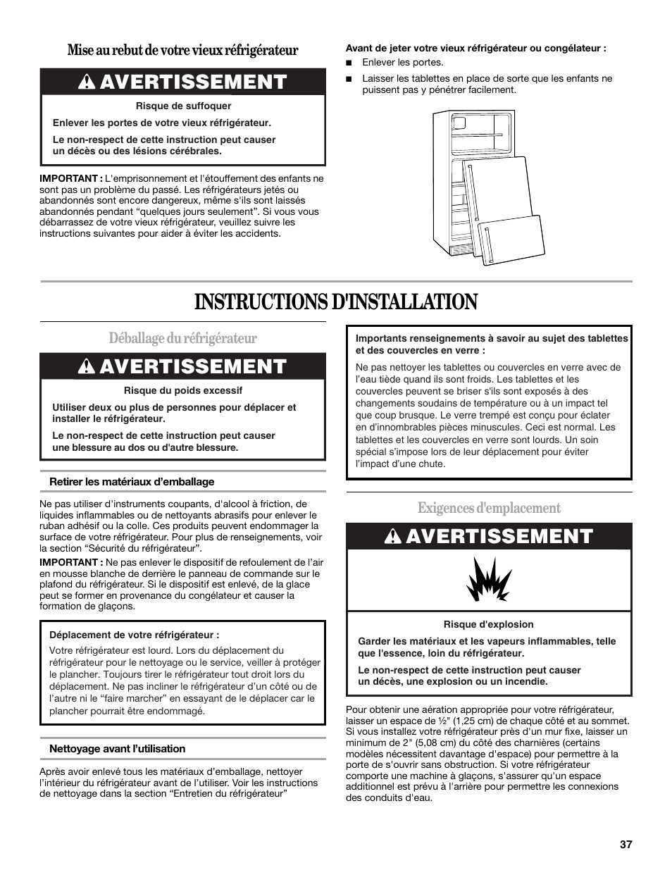 Instructions d'installation, Avertissement, Déballage du réfrigérateur | Exigences d'emplacement, Mise au rebut de votre vieux réfrigérateur | Whirlpool WF-L200V User Manual | Page 37 / 54