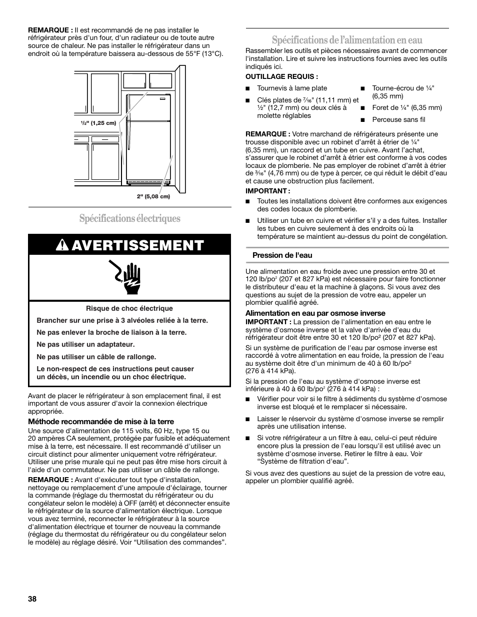 Avertissement, Spécifications électriques, Spécifications de l’alimentation en eau | Whirlpool WF-L200V User Manual | Page 38 / 54