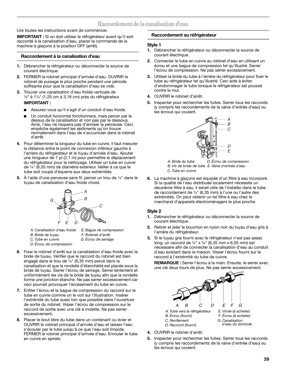 Raccordement de la canalisation d'eau | Whirlpool WF-L200V User Manual | Page 39 / 54