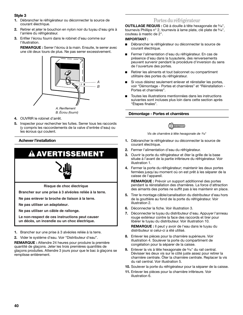 Avertissement, Portes du réfrigérateur | Whirlpool WF-L200V User Manual | Page 40 / 54