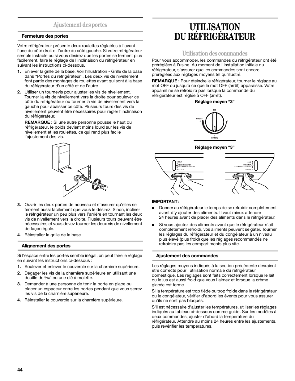 Utilisation du réfrigérateur, Ajustement des portes, Utilisation des commandes | Whirlpool WF-L200V User Manual | Page 44 / 54