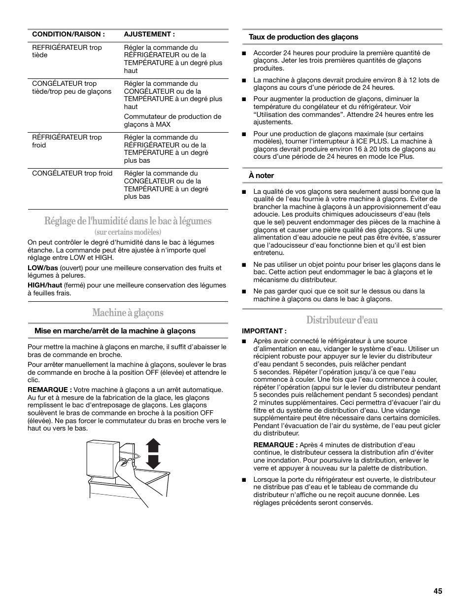 Réglage de l'humidité dans le bac à légumes, Machine à glaçons, Distributeur d'eau | Whirlpool WF-L200V User Manual | Page 45 / 54