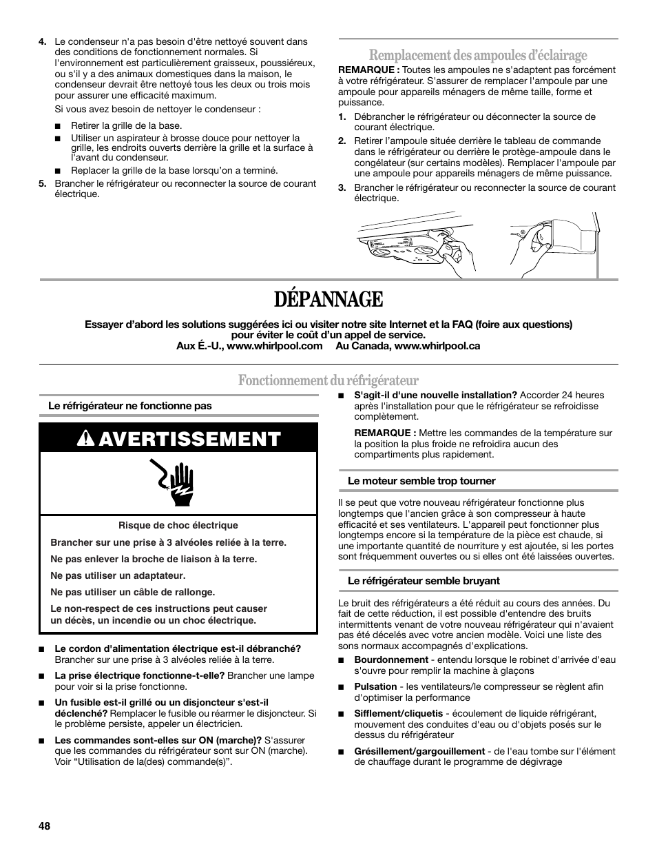 Dépannage, Avertissement, Remplacement des ampoules d’éclairage | Fonctionnement du réfrigérateur | Whirlpool WF-L200V User Manual | Page 48 / 54