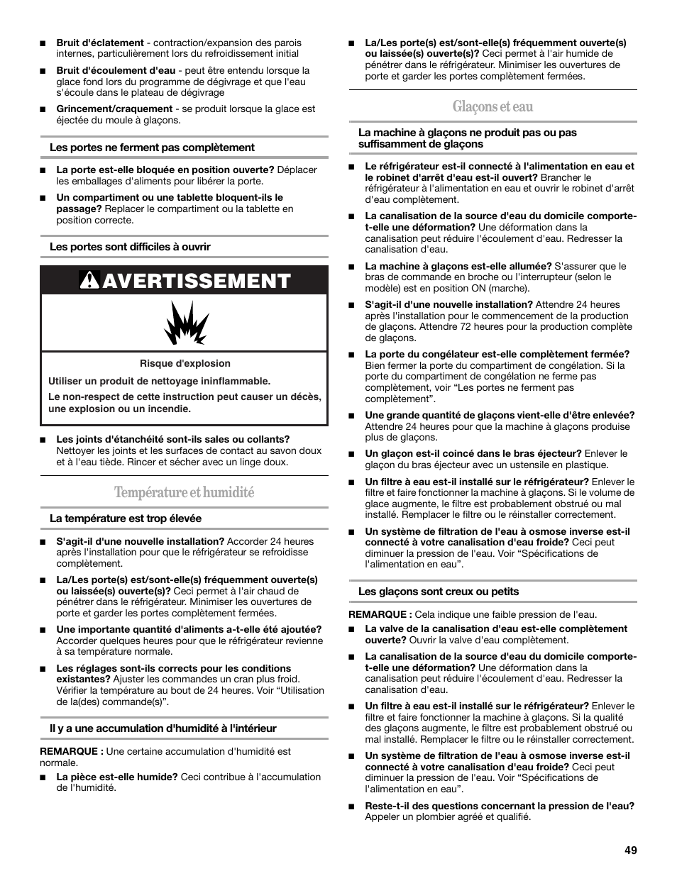 Avertissement, Température et humidité, Glaçons et eau | Whirlpool WF-L200V User Manual | Page 49 / 54