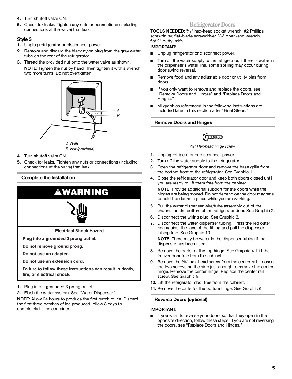 Warning, Refrigerator doors | Whirlpool WF-L200V User Manual | Page 5 / 54