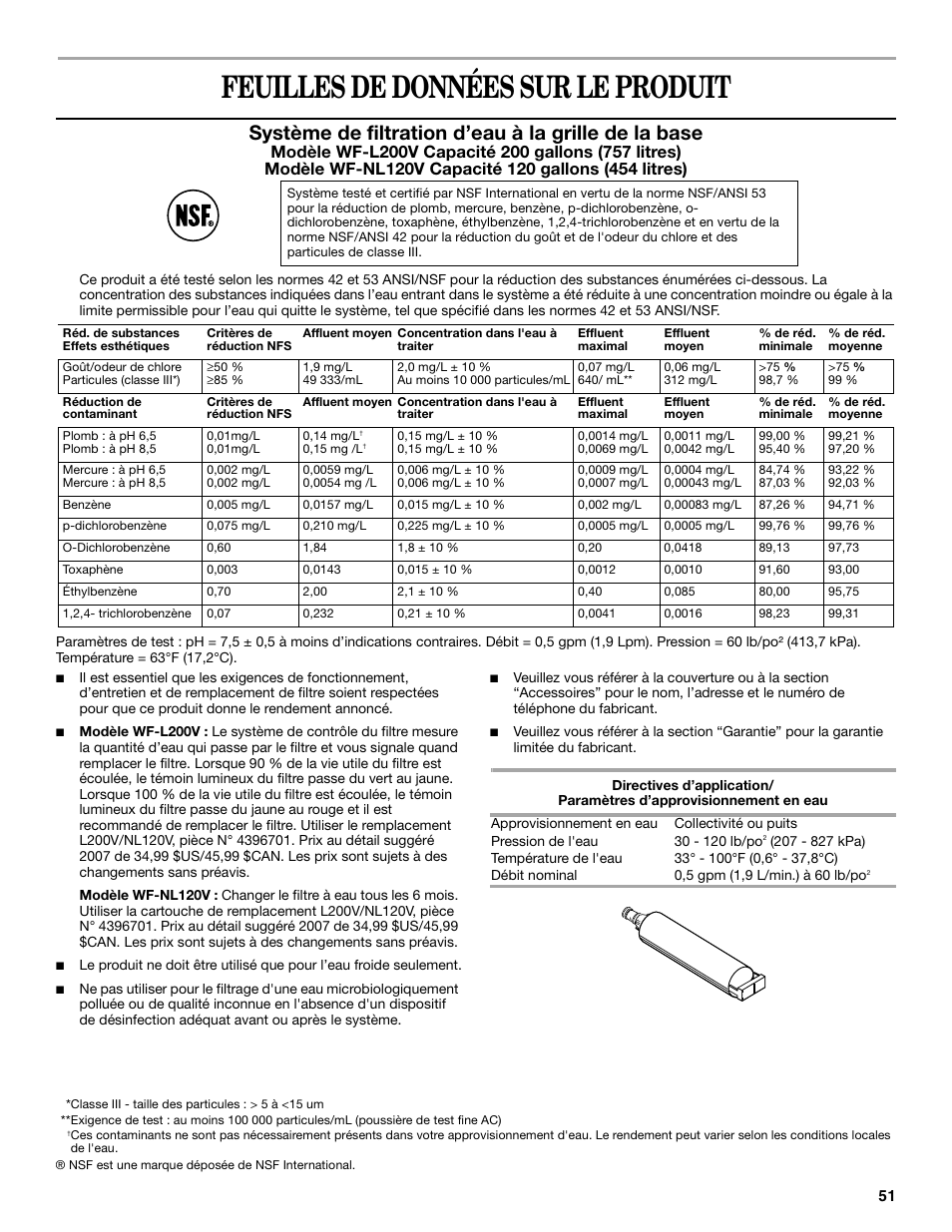 Feuilles de données sur le produit, Système de filtration d’eau à la grille de la base | Whirlpool WF-L200V User Manual | Page 51 / 54