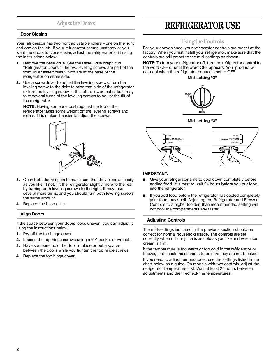 Refrigerator use, Adjust the doors, Using the controls | Whirlpool WF-L200V User Manual | Page 8 / 54