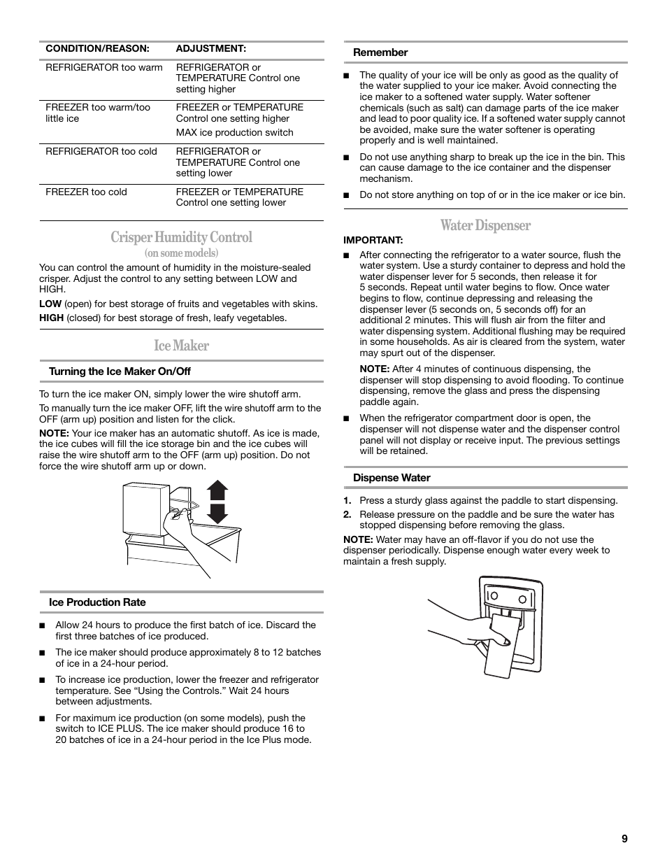 Crisper humidity control, Ice maker, Water dispenser | Whirlpool WF-L200V User Manual | Page 9 / 54