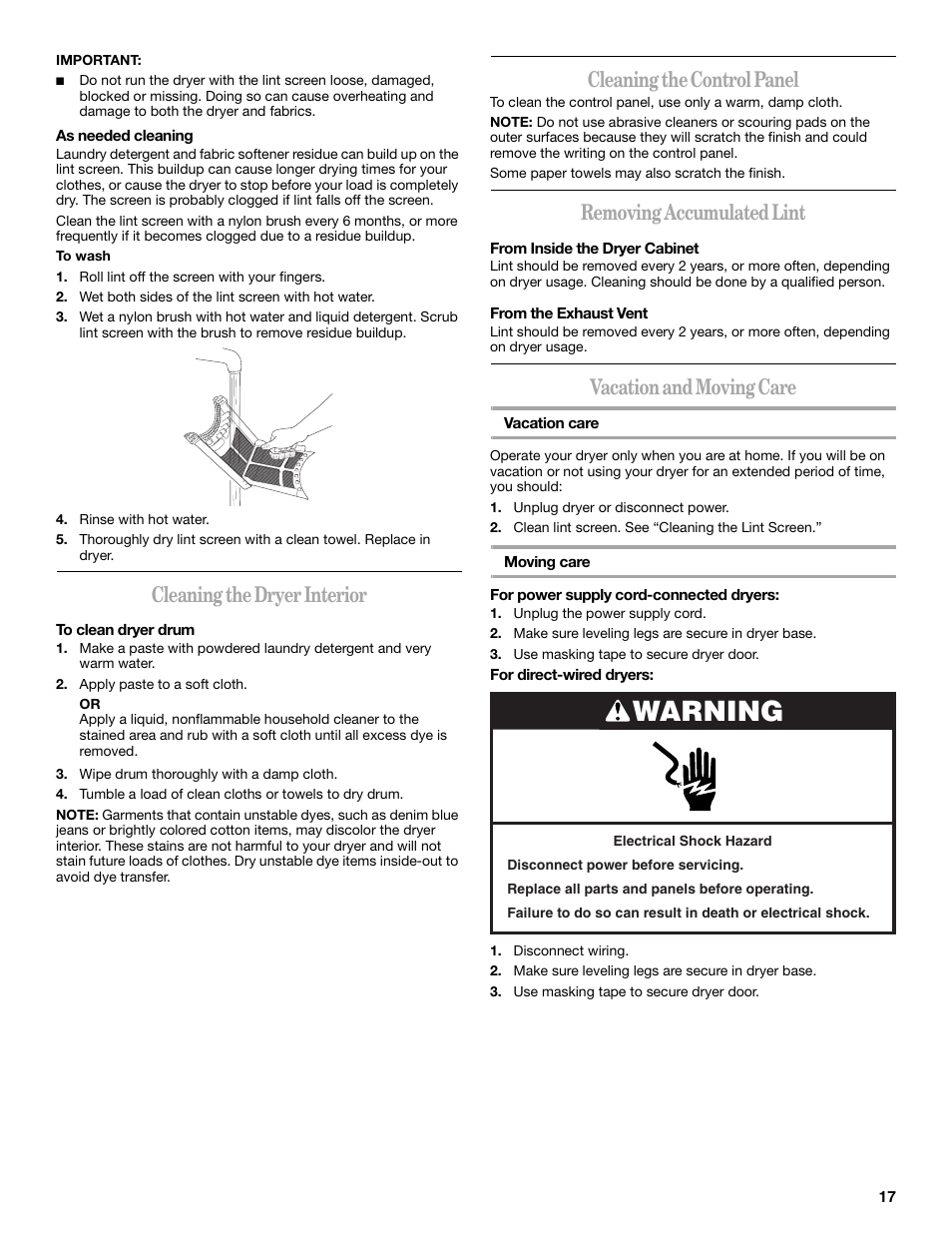 Cleaning the dryer interior, Cleaning thecontrol panel, Removing accumulated lint | Vacation and moving care, Warning, Cleaning the control panel | Whirlpool 8565592B User Manual | Page 17 / 20