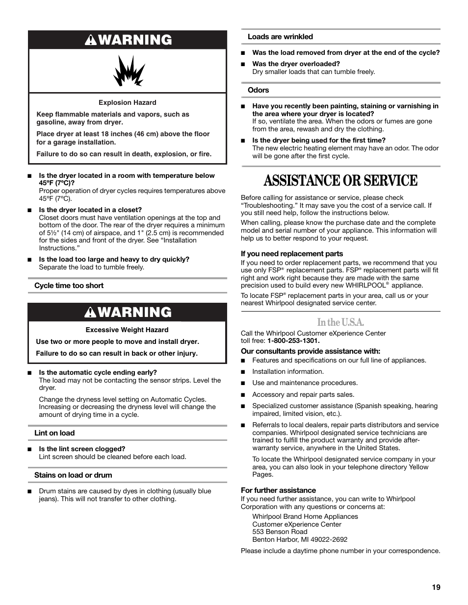 Assistance or service, Warning | Whirlpool 8565592B User Manual | Page 19 / 20