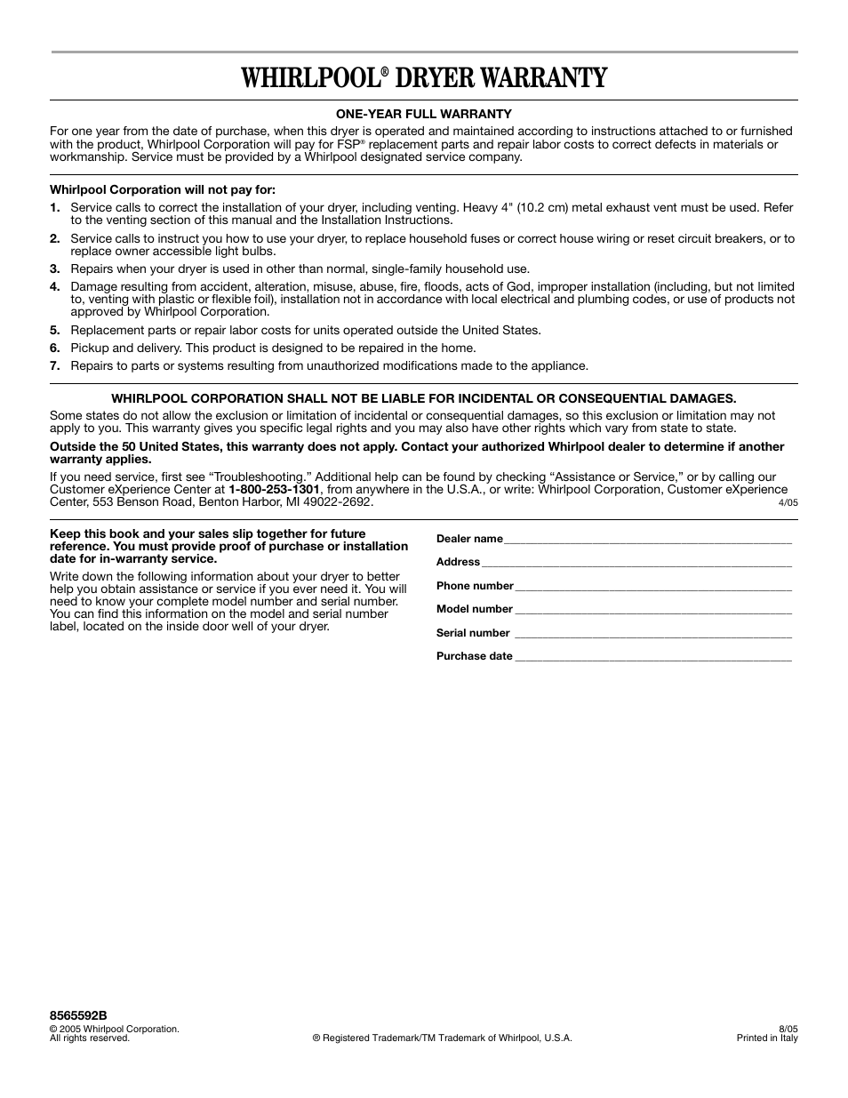 Warranty, Whirlpool, Dryer warranty | Whirlpool 8565592B User Manual | Page 20 / 20