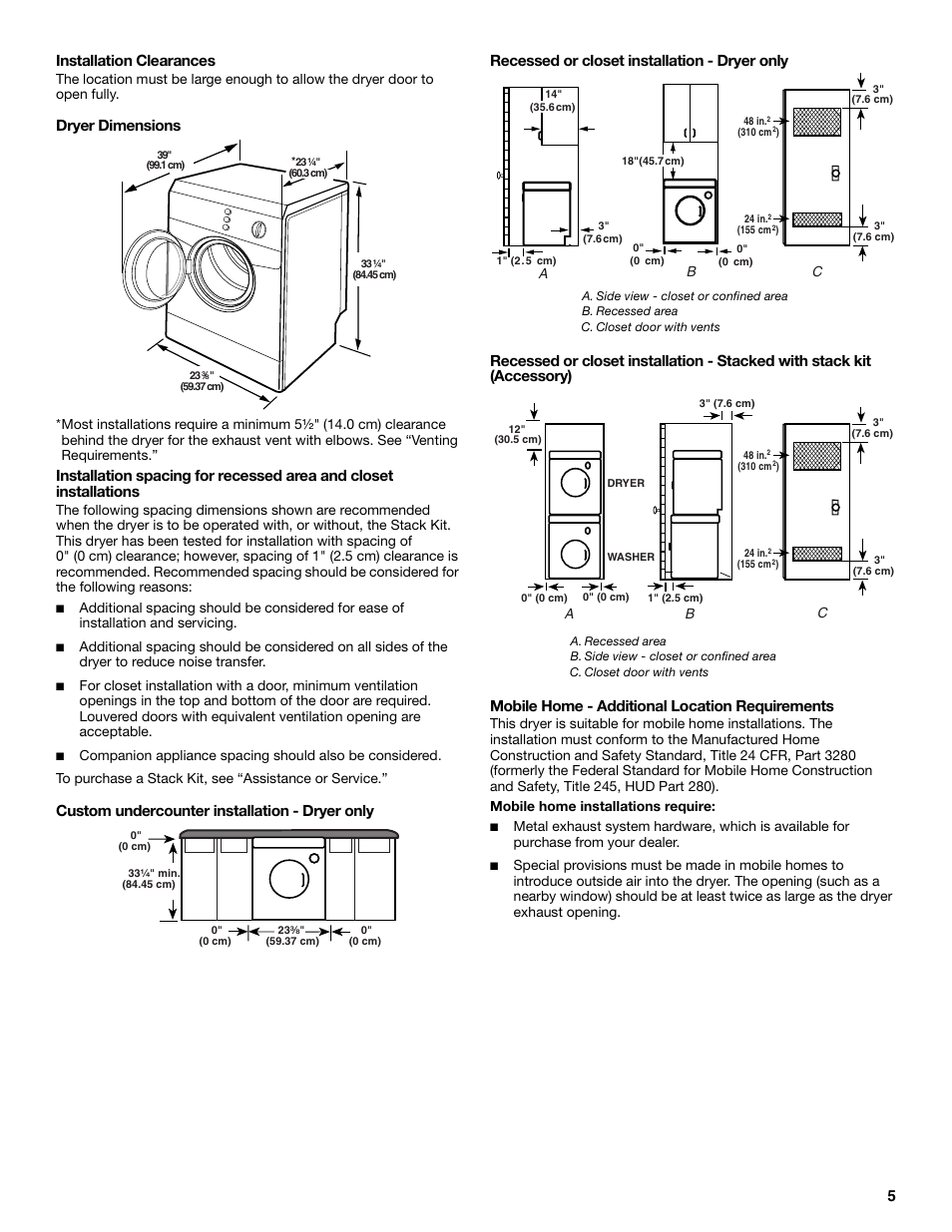 5installation clearances, Dryer dimensions | Whirlpool 8565592B User Manual | Page 5 / 20