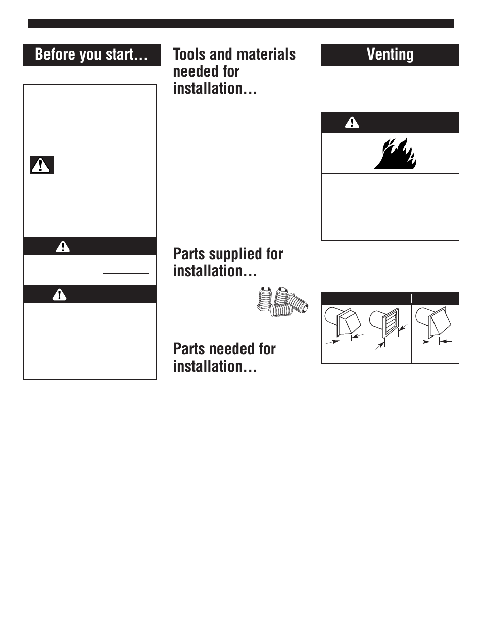 Before you start, Venting, Danger | Warning | Whirlpool 3RLEC8646 User Manual | Page 2 / 8