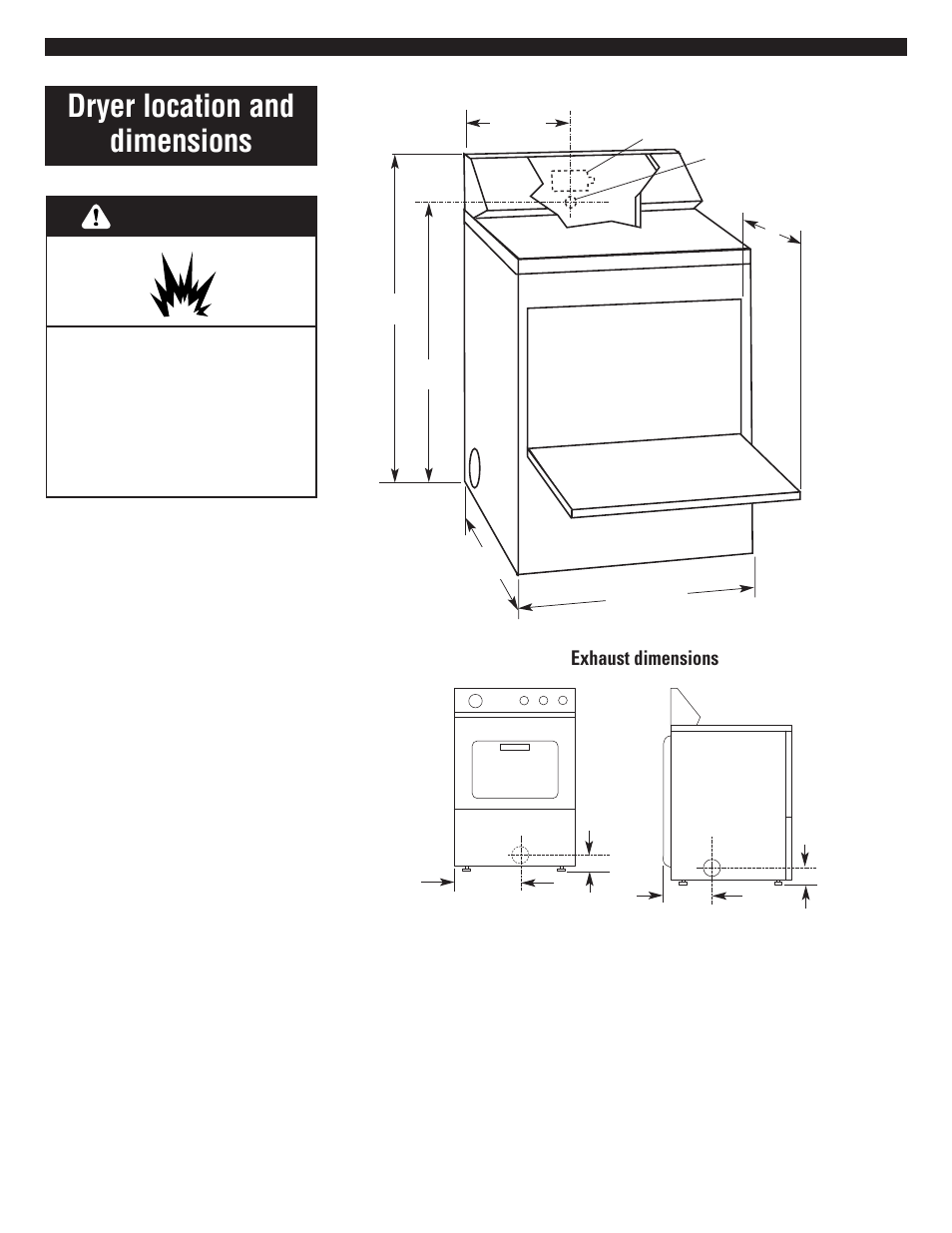 Dryer location and dimensions, Warning, Exhaust dimensions | Whirlpool 3RLEC8646 User Manual | Page 3 / 8