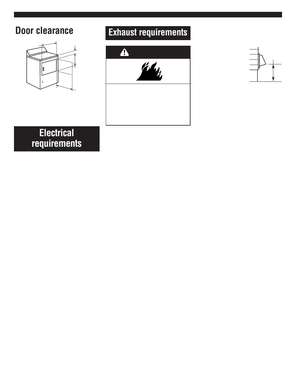 Electrical requirements, Exhaust requirements, Warning | Door clearance | Whirlpool 3RLEC8646 User Manual | Page 4 / 8