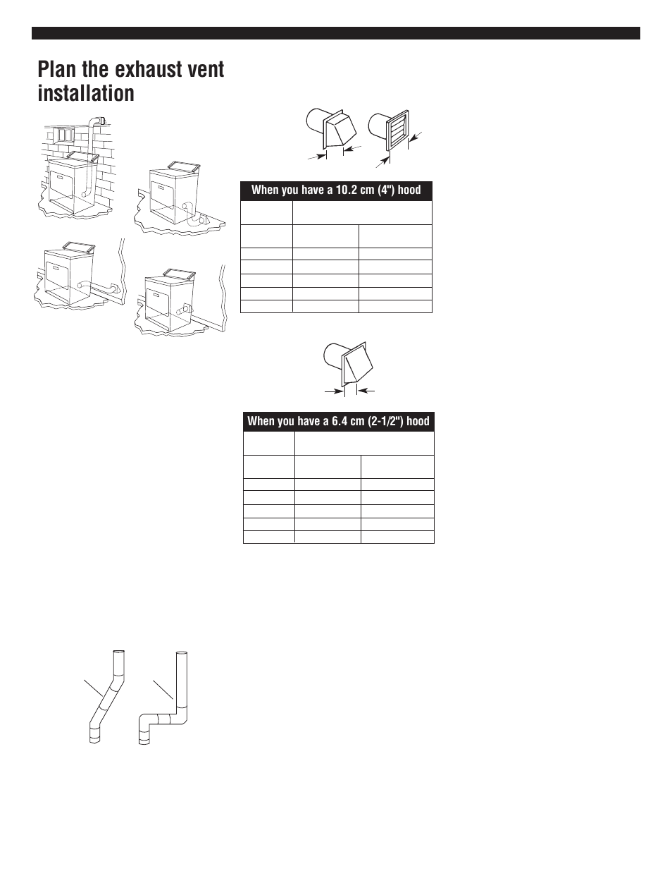 Plan the exhaust vent installation, Route the vent, Determine vent length | When you have a 10.2 cm (4") hood | Whirlpool 3RLEC8646 User Manual | Page 5 / 8