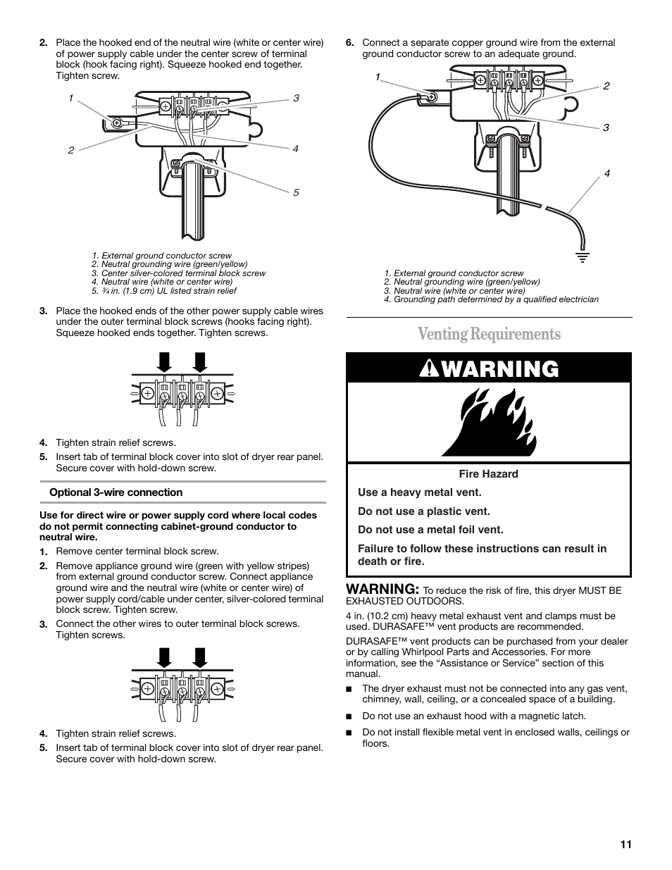 Venting requirements, Warning | Whirlpool 8533582 User Manual | Page 11 / 24