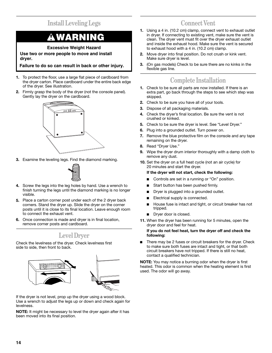 Warning, Install leveling legs, Level dryer | Connect vent, Complete installation | Whirlpool 8533582 User Manual | Page 14 / 24