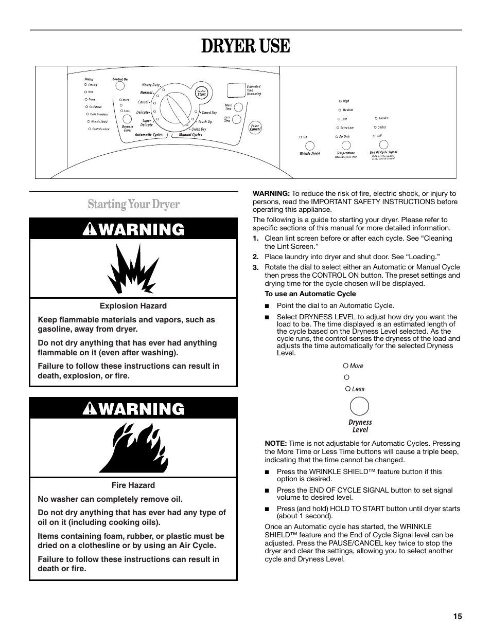 Dryer use, Starting your dryer | Whirlpool 8533582 User Manual | Page 15 / 24