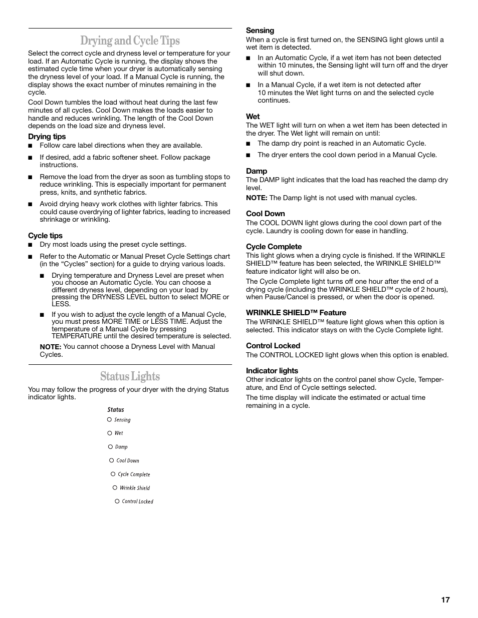 Drying and cycle tips, Status lights | Whirlpool 8533582 User Manual | Page 17 / 24