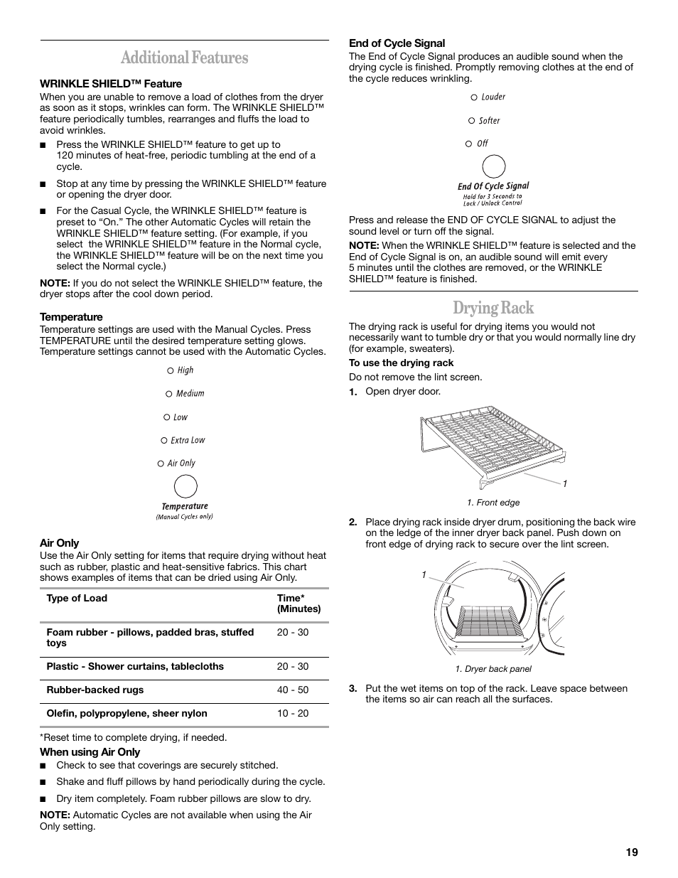 Additional features, Drying rack | Whirlpool 8533582 User Manual | Page 19 / 24