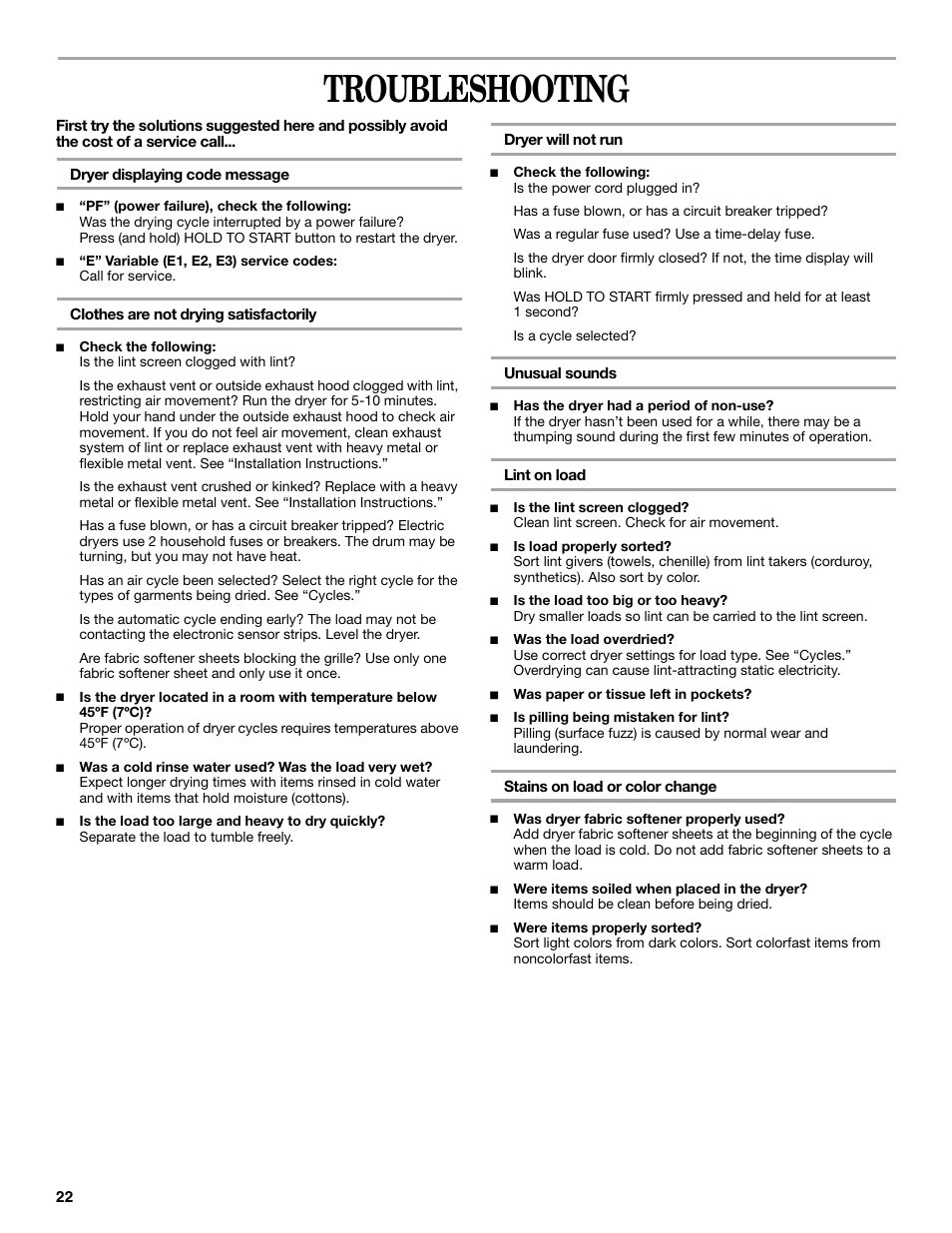 Troubleshooting | Whirlpool 8533582 User Manual | Page 22 / 24