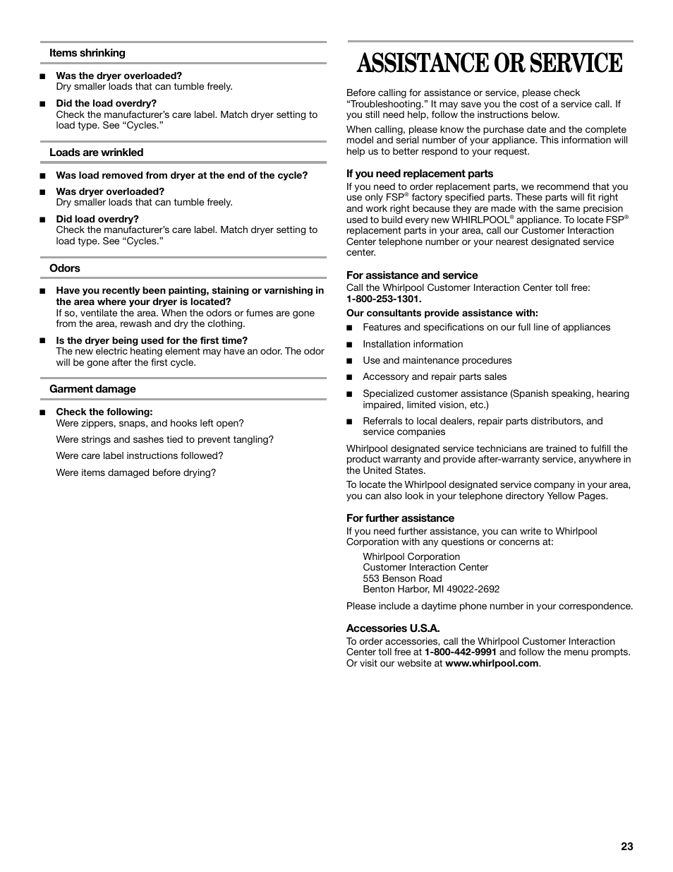 Assistance or service | Whirlpool 8533582 User Manual | Page 23 / 24