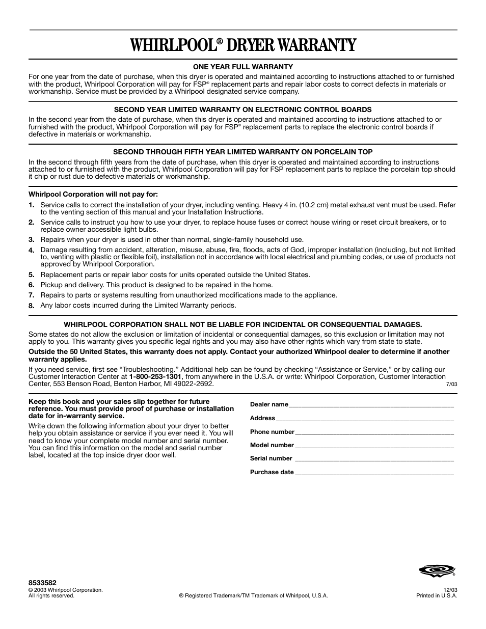 Whirlpool, Dryer warranty | Whirlpool 8533582 User Manual | Page 24 / 24